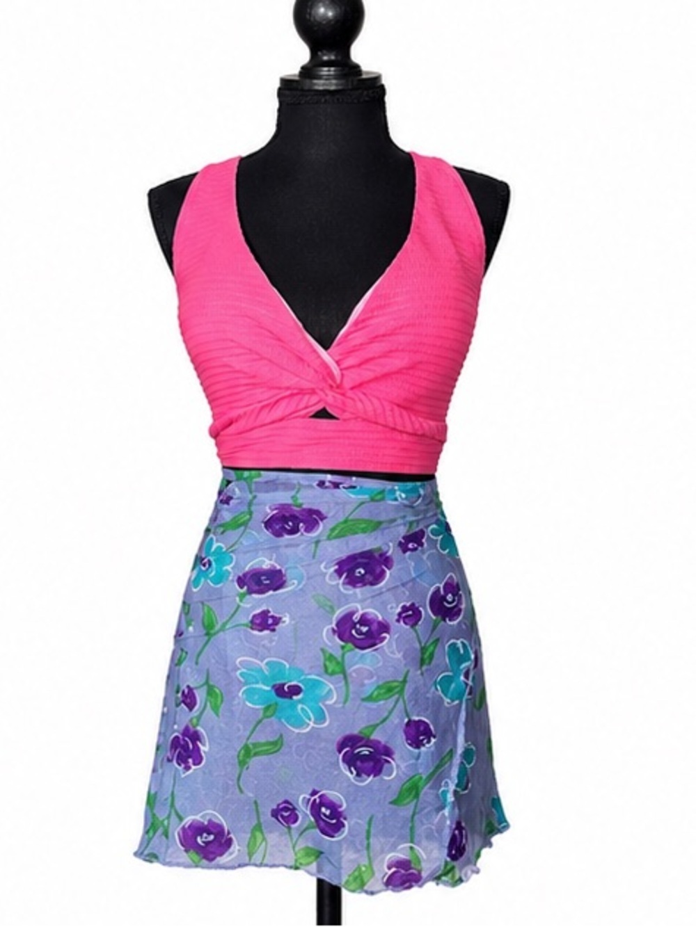 Vintage Baltex Floral Mesh Wrap Skirt Purple Blue Sheer Tie Sarong OS
